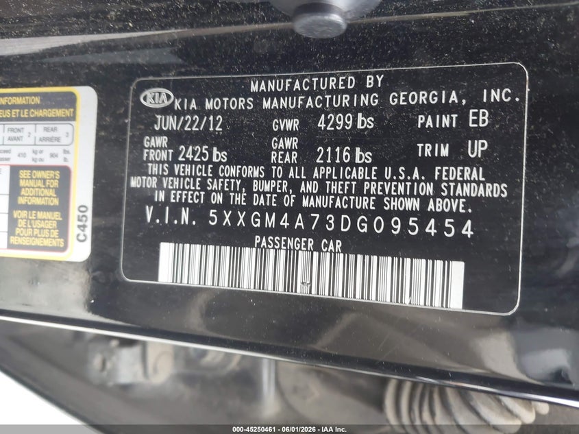 2013 Kia Optima VIN 5XXGM4A73DG095454 IAAI salvage auction — FRONT END, Salvage Title, sold $450 on 2026-07-21 (photo 9)