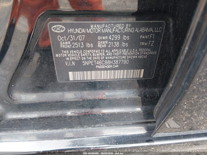 2008 Hyundai Sonata VIN 5NPET46C88H387790 IAAI salvage auction — THEFT, Rebuildable (Florida), sold $400 on 2026-07-13 (photo 9)