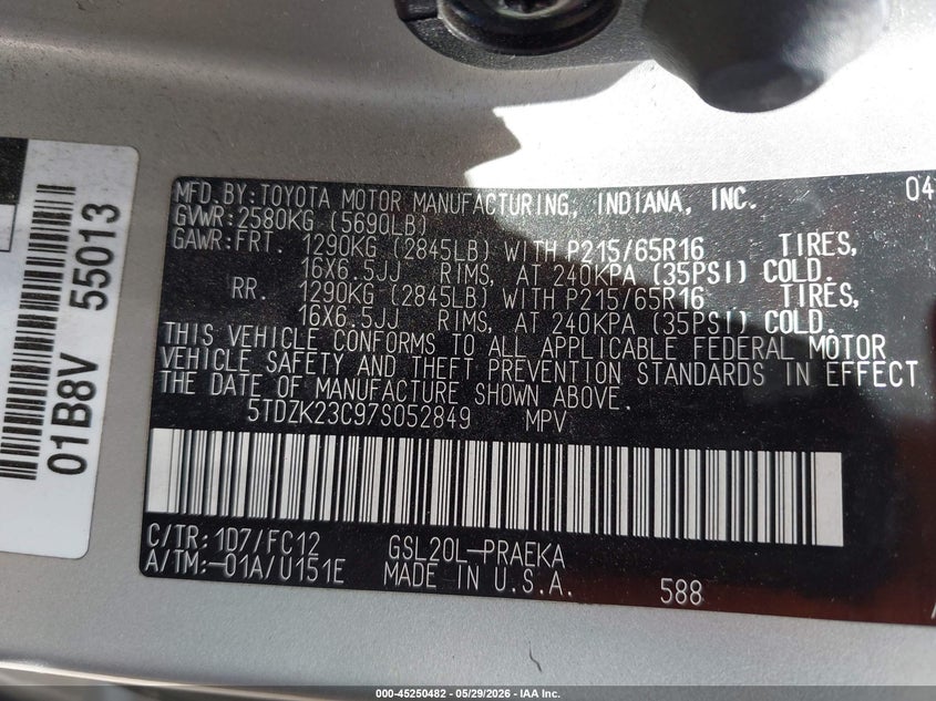 2007 Toyota Sienna VIN 5TDZK23C97S052849 IAAI salvage auction — NORMAL WEAR, Clear (Michigan), sold $750 on 2026-07-30 (photo 9)