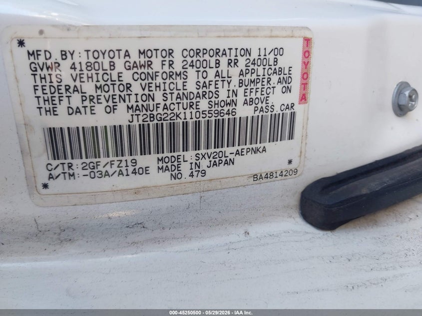 2001 Toyota Camry VIN JT2BG22K110559646 IAAI salvage auction — NORMAL WEAR, Clear (New York), sold $275 on 2026-07-28 (photo 8)