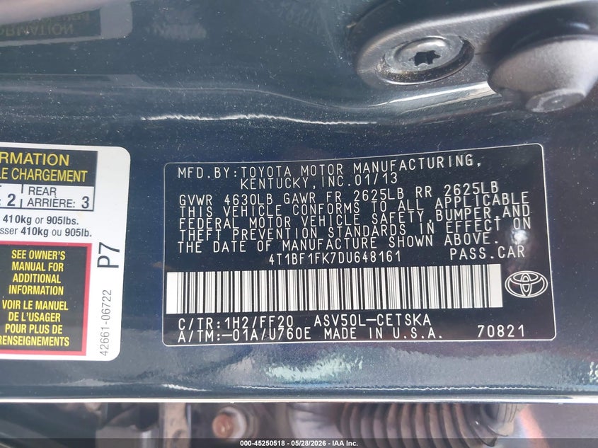 2013 Toyota Camry VIN 4T1BF1FK7DU648161 IAAI salvage auction — FRONT END, Salvage Title, sold $25 on 2026-07-22 (photo 9)