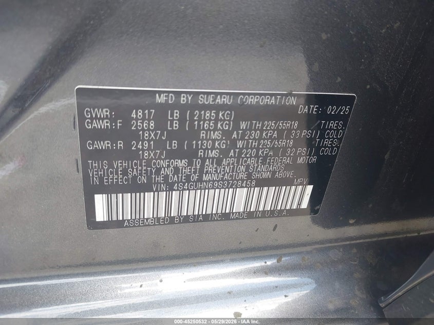 2025 Subaru Xv VIN 4S4GUHN69S3728458 IAAI salvage auction — FRONT END, Salvage Title, sold $9,100 on 2026-07-29 (photo 9)