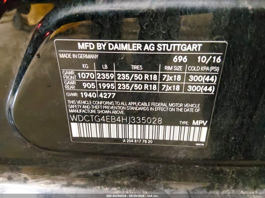 2017 Mercedes-benz Gla-klasse VIN WDCTG4EB4HJ335028 IAAI salvage auction — REAR END, Salvage Title, sold $2,650 on 2026-07-18 (photo 9)