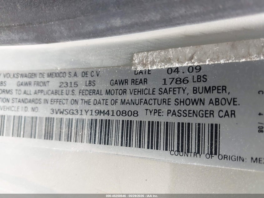 2009 Volkswagen Beetle VIN 3VWSG31Y19M410808 IAAI salvage auction — SIDE, Original (Texas), sold $1,300 on 2026-07-11 (photo 9)