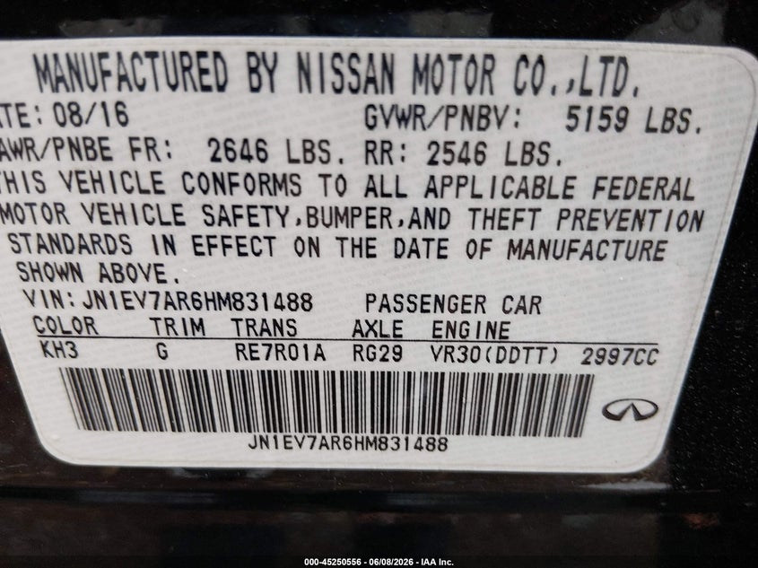 2017 Infiniti Q50 VIN JN1EV7AR6HM831488 IAAI salvage auction — HAIL, Salvage Title, sold $3,650 on 2026-07-11 (photo 9)