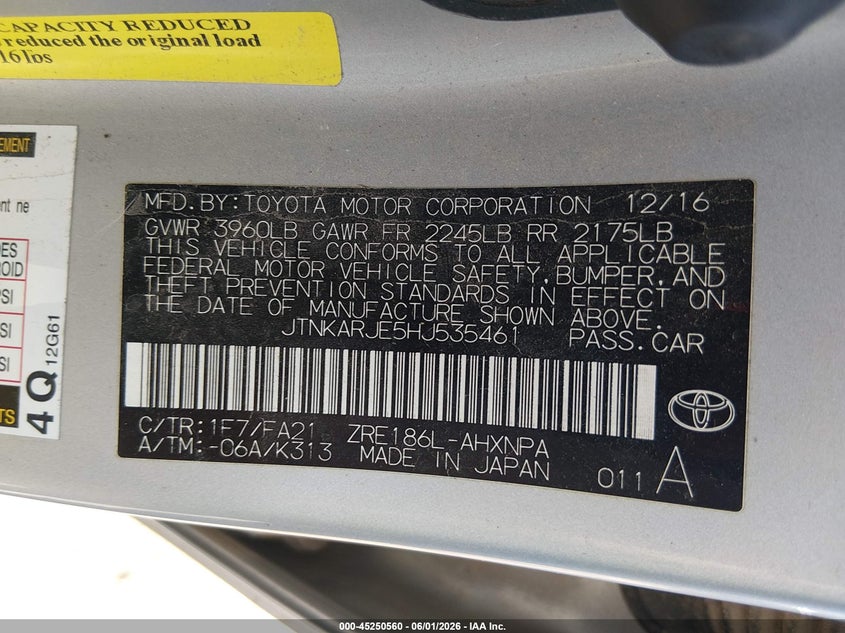 2017 Toyota Corolla VIN JTNKARJE5HJ535461 IAAI salvage auction — REAR END, Salvage Title, sold $900 on 2026-07-21 (photo 9)