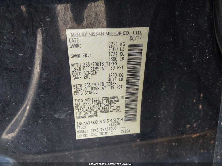 2017 Nissan TITAN VIN 1N6AA1EK6HN554978 IAAI salvage auction — RIGHT FRONT, Salvage Title, sold $2,350 on 2026-07-19 (photo 9)