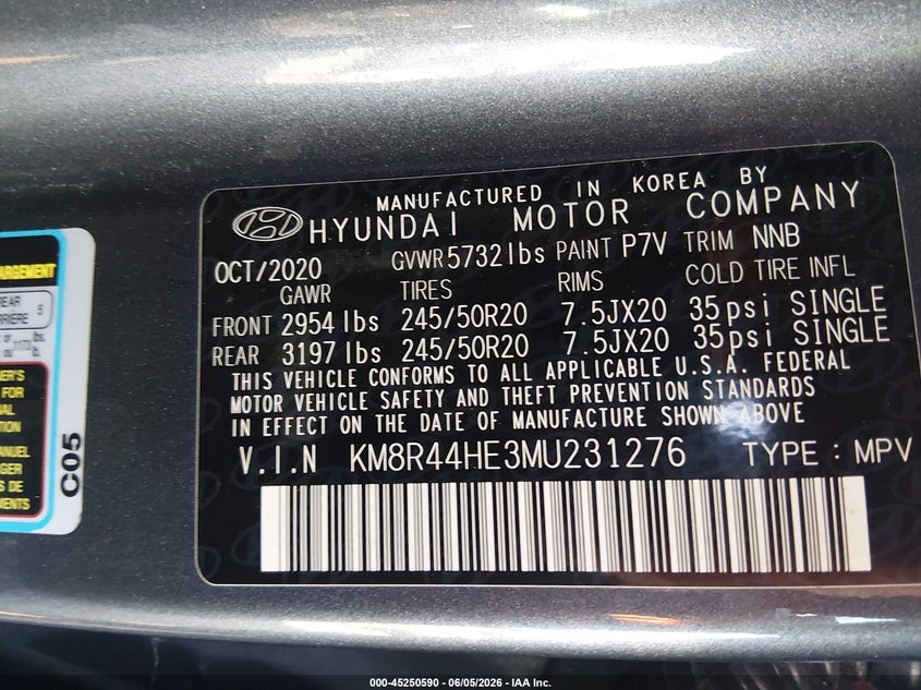 2021 Hyundai Palisade VIN KM8R44HE3MU231276 IAAI salvage auction — RIGHT FRONT, Salvage Title, sold $3,550 on 2026-07-29 (photo 9)