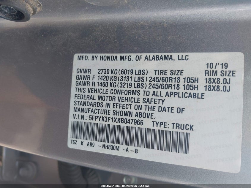 2019 Honda Ridgeline VIN 5FPYK3F1XKB047966 IAAI salvage auction — LEFT SIDE, Salvage Title, sold $7,600 on 2026-07-20 (photo 8)