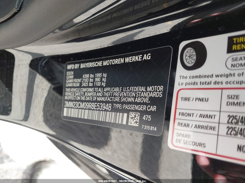 2024 BMW 2er VIN 3MW23CM09R8E53948 IAAI salvage auction — LEFT REAR, Salvage Title, sold $15,500 on 2026-07-27 (photo 9)