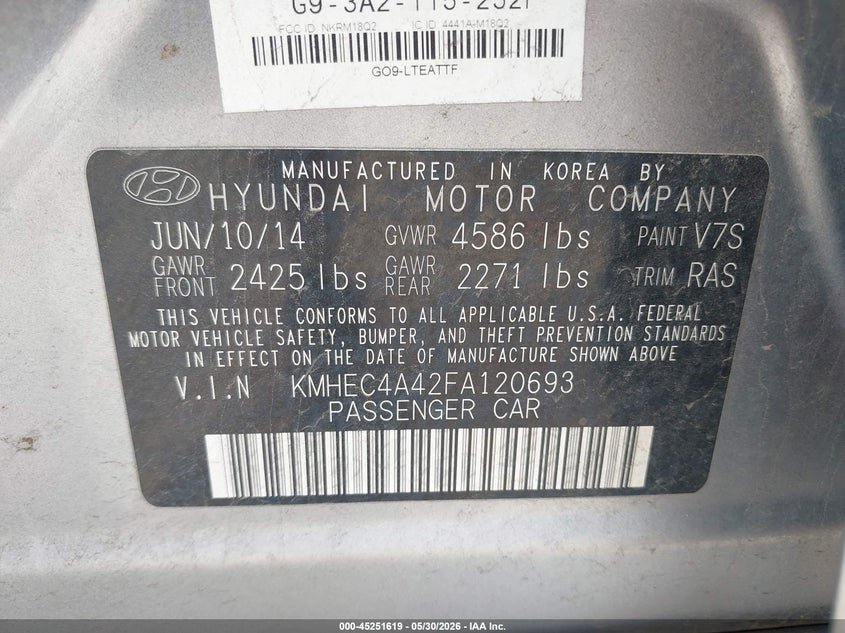 2015 Hyundai Sonata VIN KMHEC4A42FA120693 IAAI salvage auction — HAIL, Salvage Title, sold $2,900 on 2026-07-31 (photo 9)
