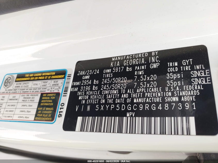 2024 Kia Telluride VIN 5XYP5DGC9RG487391 IAAI salvage auction — FRONT END, Original (Texas), sold $14,350 on 2026-07-21 (photo 9)