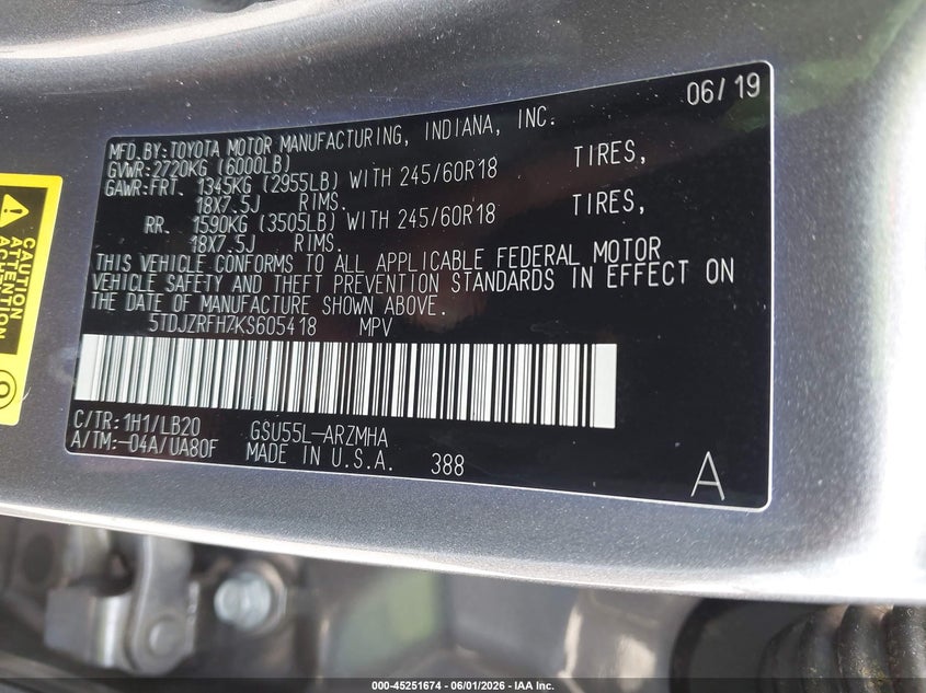2019 Toyota Highlander VIN 5TDJZRFH7KS605418 IAAI salvage auction — LEFT REAR, Salvage Title, sold $13,625 on 2026-07-13 (photo 9)