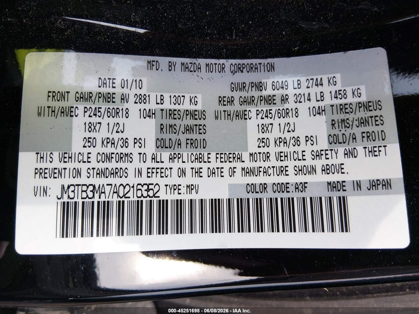 2010 Mazda Cx-9 VIN JM3TB3MA7A0216352 IAAI salvage auction — NORMAL WEAR, Original (Ohio), sold $375 on 2026-07-22 (photo 9)