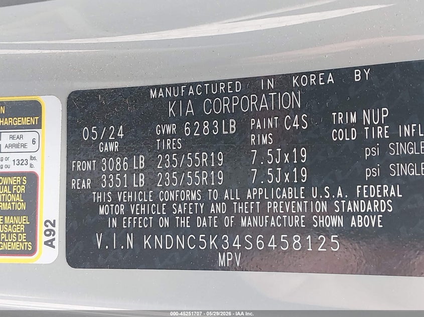2025 Kia Carnival VIN KNDNC5K34S6458125 IAAI salvage auction — RIGHT SIDE, Salvage Title, sold $14,300 on 2026-07-18 (photo 9)