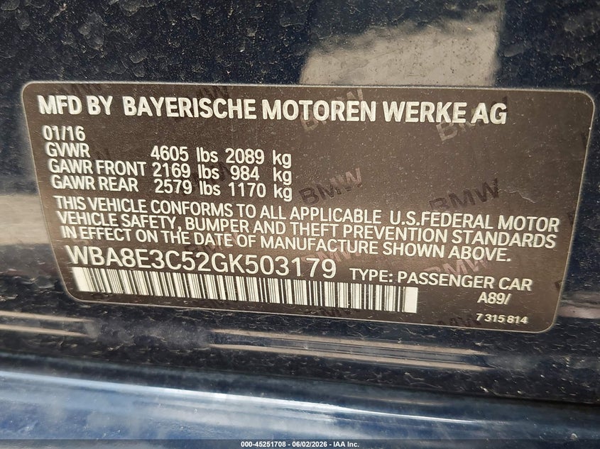 2016 BMW 3er VIN WBA8E3C52GK503179 IAAI salvage auction — REAR END, Original (Texas), sold $3,100 on 2026-07-20 (photo 9)