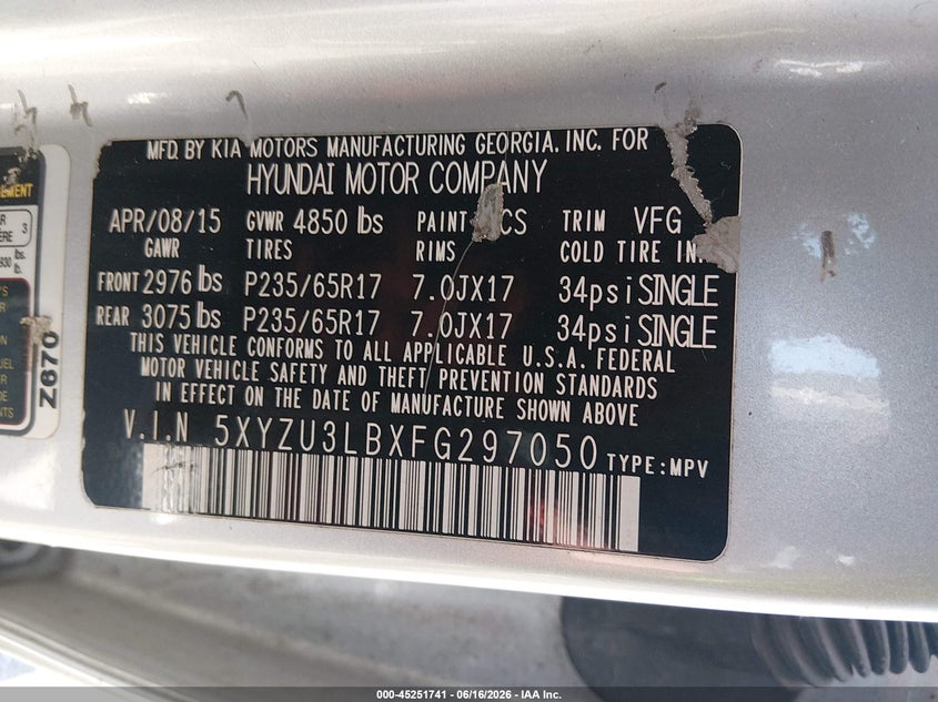 2015 Hyundai Santa fe VIN 5XYZU3LBXFG297050 IAAI salvage auction — NORMAL WEAR, Original (Kentucky), sold $575 on 2026-07-29 (photo 9)