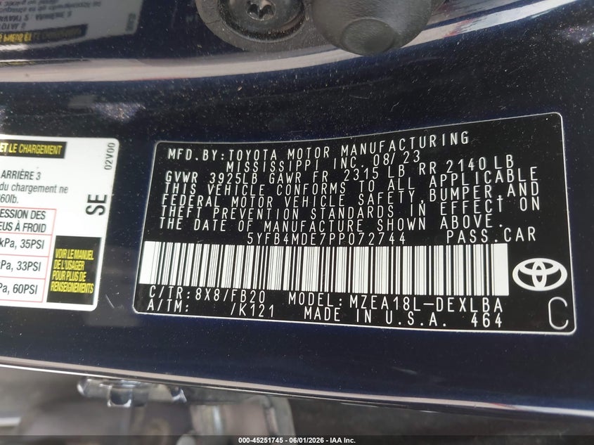 2023 Toyota Corolla VIN 5YFB4MDE7PP072744 IAAI salvage auction — REAR END, Salvage (Texas), sold $5,700 on 2026-07-31 (photo 9)