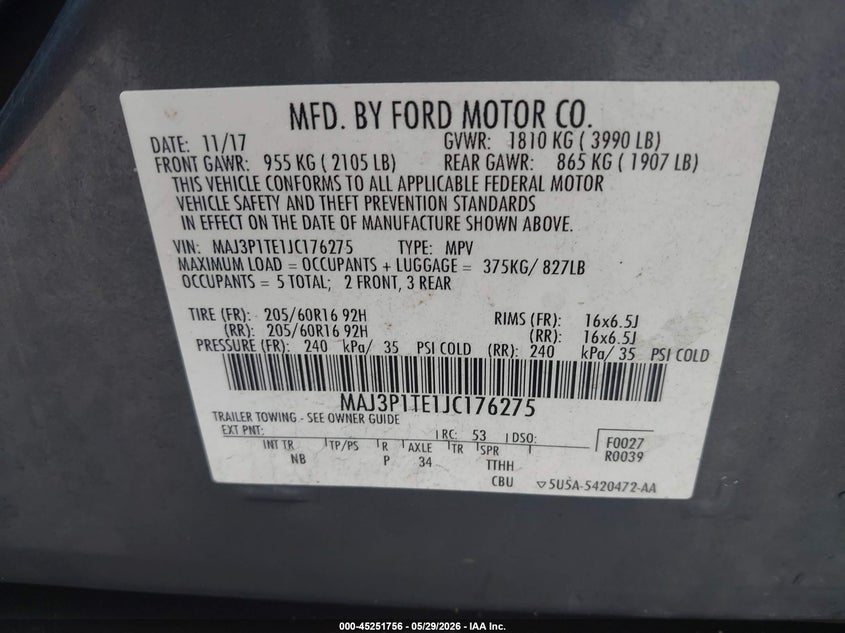 2018 Ford Ecosport VIN MAJ3P1TE1JC176275 IAAI salvage auction — HAIL, Salvage Title, sold $1,450 on 2026-07-30 (photo 9)