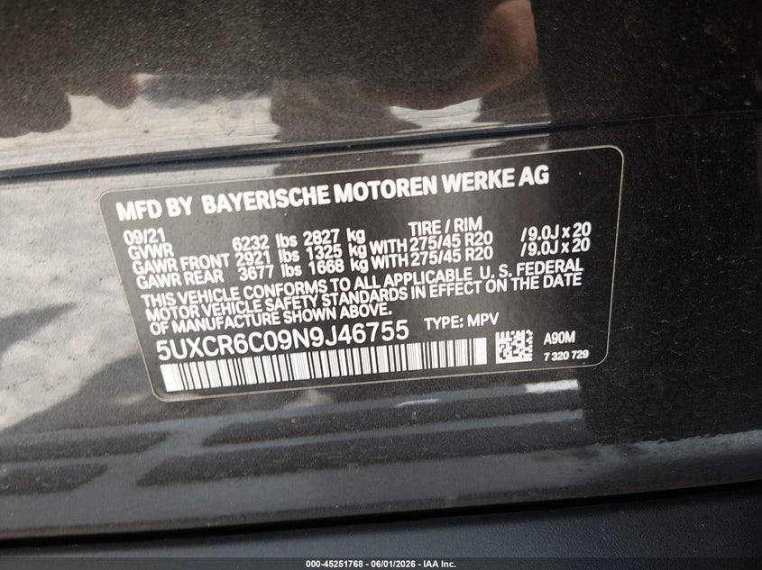 2022 BMW X5 VIN 5UXCR6C09N9J46755 IAAI salvage auction — FRONT END, Salvage Title, sold $21,950 on 2026-07-09 (photo 9)
