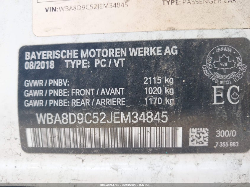 2018 BMW 3er VIN WBA8D9C52JEM34845 IAAI salvage auction — FRONT END, Salvage (Idaho), sold $4,450 on 2026-07-29 (photo 9)