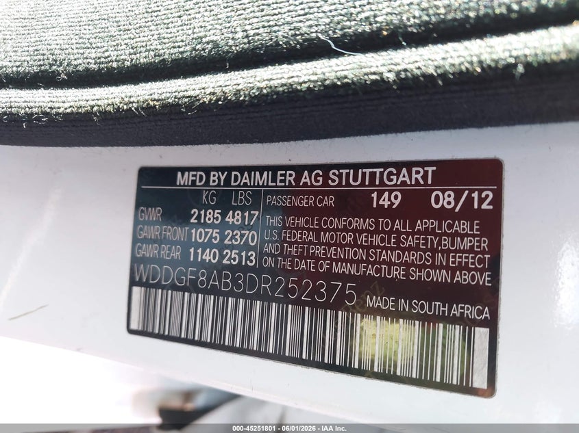 2013 Mercedes-benz C-klasse VIN WDDGF8AB3DR252375 IAAI salvage auction — UNKNOWN, Salvage (Alabama), sold $325 on 2026-07-08 (photo 9)