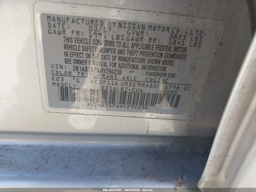 2017 Nissan Sentra VIN 3N1AB7APXHY294238 IAAI salvage auction — NORMAL WEAR, App For Dup Clear (California), sold $350 on 2026-07-09 (photo 9)