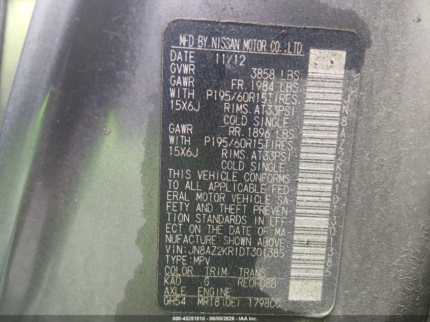 2013 Nissan Cube VIN JN8AZ2KR1DT301385 IAAI salvage auction — FRONT END, Salvage Title, sold $300 on 2026-07-08 (photo 9)