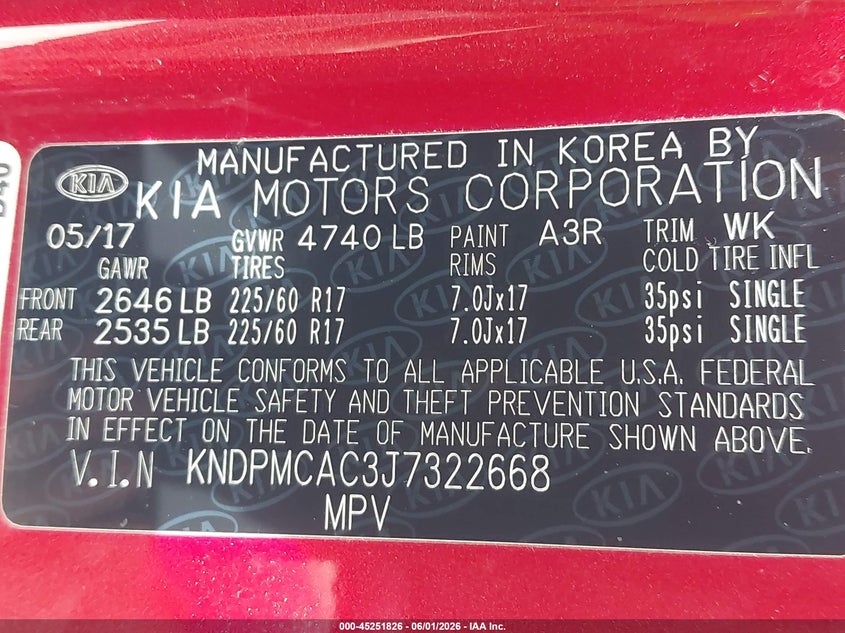 2018 Kia Sportage VIN KNDPMCAC3J7322668 IAAI salvage auction — LEFT REAR, Salvage Title, sold $2,250 on 2026-07-08 (photo 9)