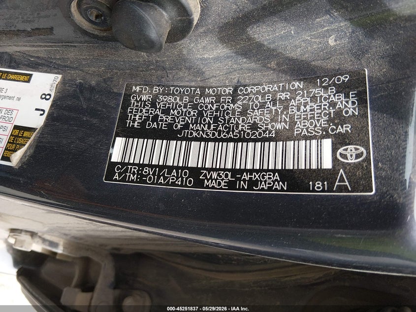 2010 Toyota Prius VIN JTDKN3DU6A5102044 IAAI salvage auction — LEFT FRONT, Salvage (Colorado), sold $825 on 2026-07-21 (photo 9)
