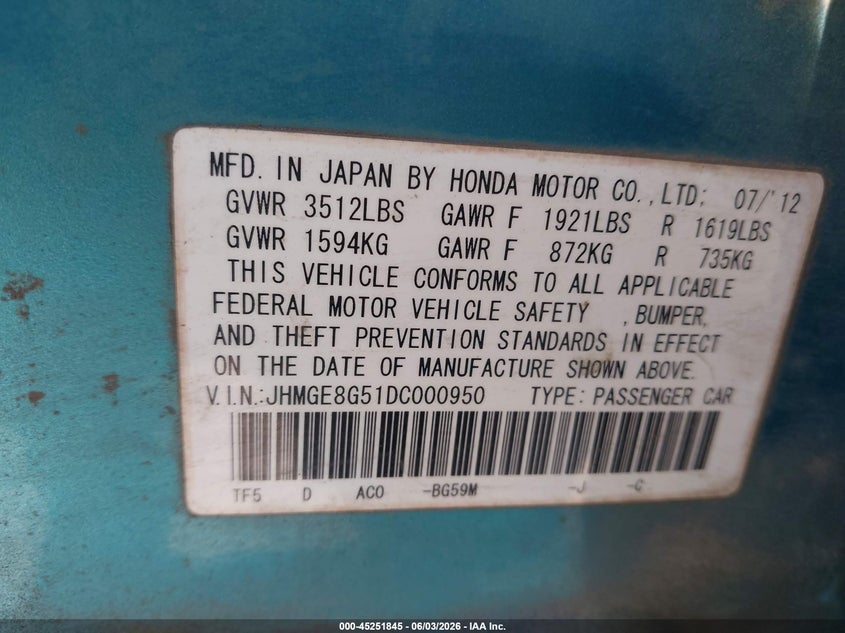 2013 Honda Fit VIN JHMGE8G51DC000950 IAAI salvage auction — FRONT END, Salvage Title, sold $1,600 on 2026-07-09 (photo 9)