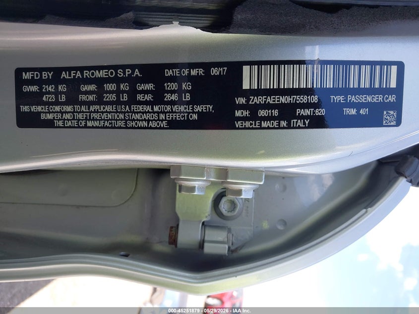 2017 Alfa romeo Giulia VIN ZARFAEEN0H7558108 IAAI salvage auction — UNKNOWN, Salvage Title, sold $7,775 on 2026-07-07 (photo 9)