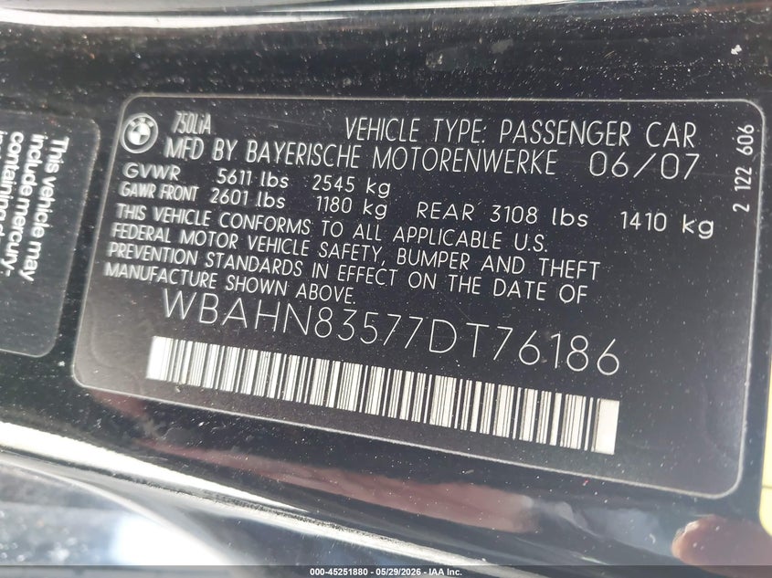 2007 BMW 7 series VIN WBAHN83577DT76186 IAAI salvage auction — FRONT END, Clear (Florida), sold $300 on 2026-07-15 (photo 9)
