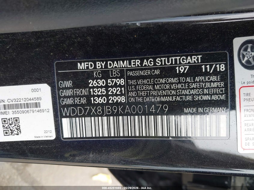 2019 Mercedes-benz VIN WDD7X8JB9KA001479 IAAI salvage auction — FRONT END, Clear (Florida), sold $28,350 on 2026-07-20 (photo 9)