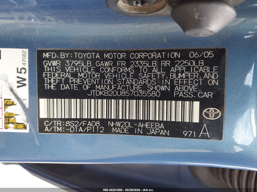 2005 Toyota Prius VIN JTDKB20U857035580 IAAI salvage auction — NORMAL WEAR, Original (Texas), sold $350 on 2026-07-13 (photo 9)