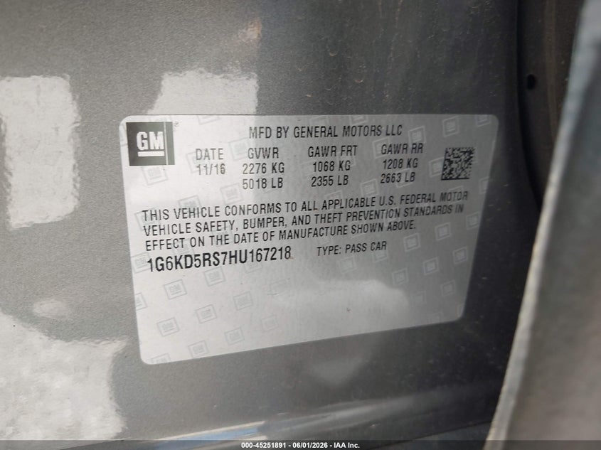 2017 Cadillac Ct6 VIN 1G6KD5RS7HU167218 IAAI salvage auction — RIGHT FRONT, Clear (Oklahoma), sold $7,200 on 2026-07-22 (photo 9)