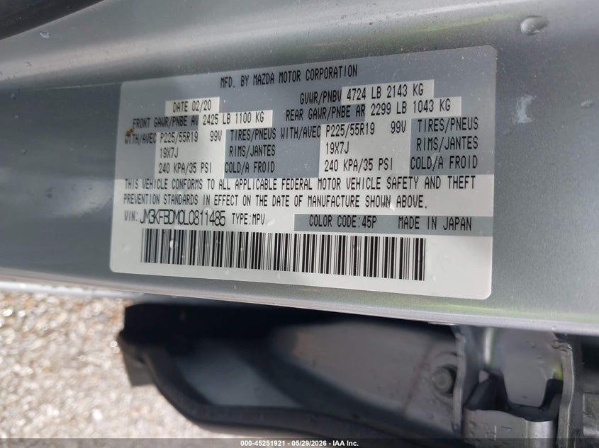 2020 Mazda Cx-5 VIN JM3KFBDM0L0811485 IAAI salvage auction — RIGHT SIDE, Salvage (Illinois), sold $6,800 on 2026-07-21 (photo 9)