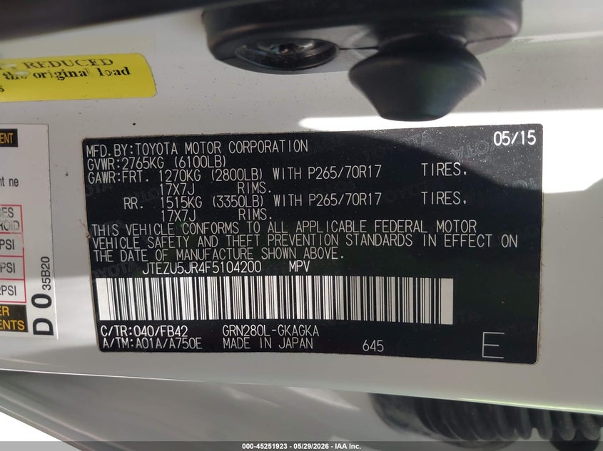 2015 Toyota 4runner VIN JTEZU5JR4F5104200 IAAI salvage auction — VANDALISM, Salvage Title, sold $9,050 on 2026-07-27 (photo 9)