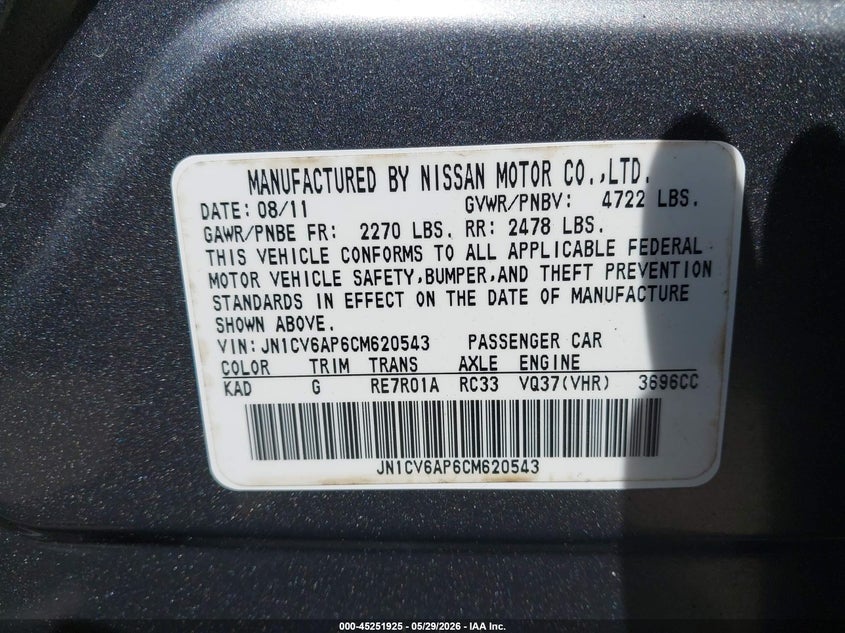 2012 Infiniti G VIN JN1CV6AP6CM620543 IAAI salvage auction — RIGHT SIDE, Salvage Title, sold $1,925 on 2026-07-23 (photo 9)