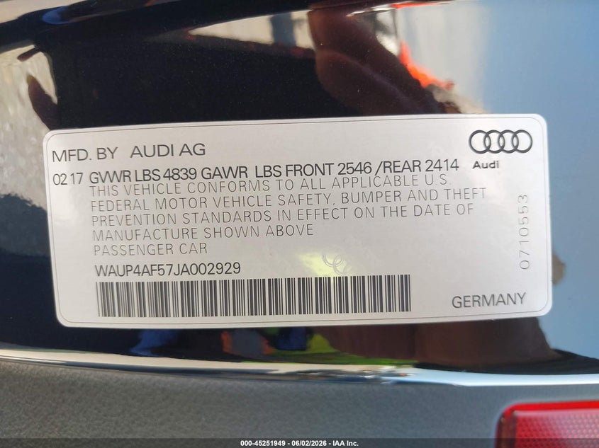 2018 Audi S5 VIN WAUP4AF57JA002929 IAAI salvage auction — RIGHT REAR, Original (Texas), sold $15,100 on 2026-07-15 (photo 9)
