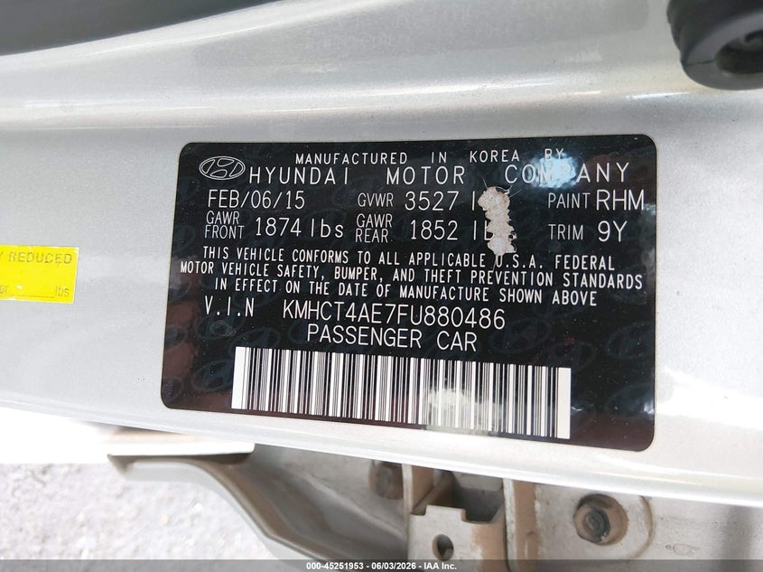 2015 Hyundai Accent VIN KMHCT4AE7FU880486 IAAI salvage auction — NORMAL WEAR, Clear (Utah), sold $500 on 2026-07-17 (photo 9)