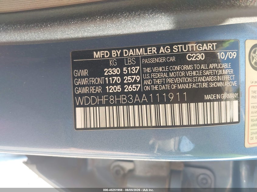 2010 Mercedes-benz E-class VIN WDDHF8HB3AA111911 IAAI salvage auction — FRONT END, Salvage (Pennsylvania), sold $175 on 2026-07-08 (photo 9)
