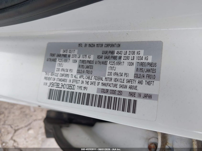 2017 Mazda Cx-5 VIN JM3KFBBL3H0108500 IAAI salvage auction — RIGHT SIDE, Salvage Title, sold $4,250 on 2026-07-14 (photo 9)