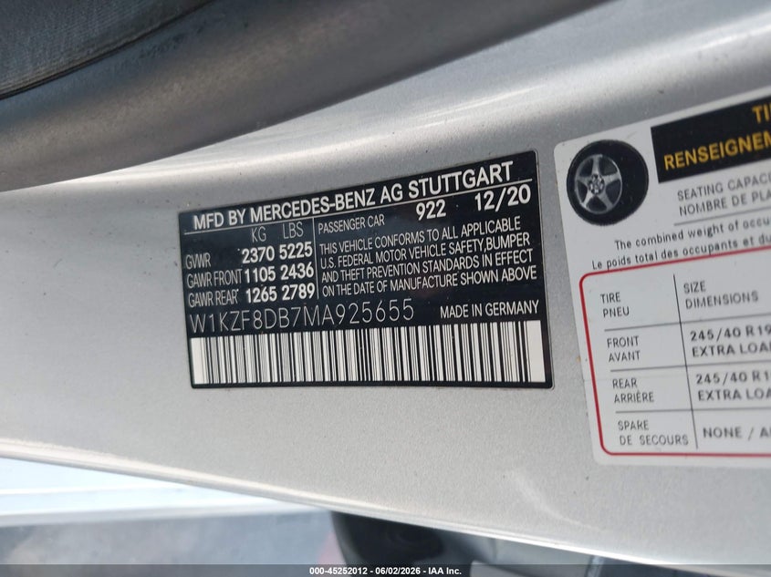 2021 Mercedes-benz E-klasse VIN W1KZF8DB7MA925655 IAAI salvage auction — Front End, Salvage Title, sold $9,275 on 2026-07-29 (photo 9)