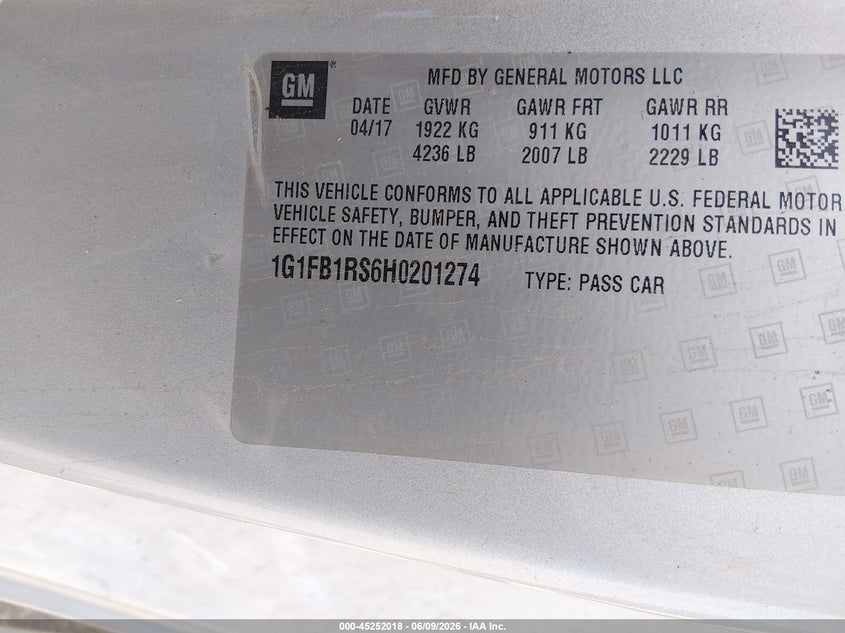 2017 Chevrolet Camaro VIN 1G1FB1RS6H0201274 IAAI salvage auction — Front End, Salvage, sold $4,400 on 2026-09-14 (photo 9)