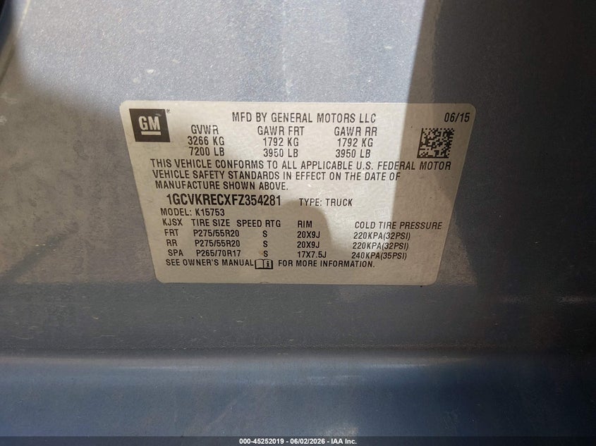 2015 Chevrolet Silverado VIN 1GCVKRECXFZ354281 IAAI salvage auction — REAR END, Salvage Title, sold $3,900 on 2026-07-25 (photo 9)