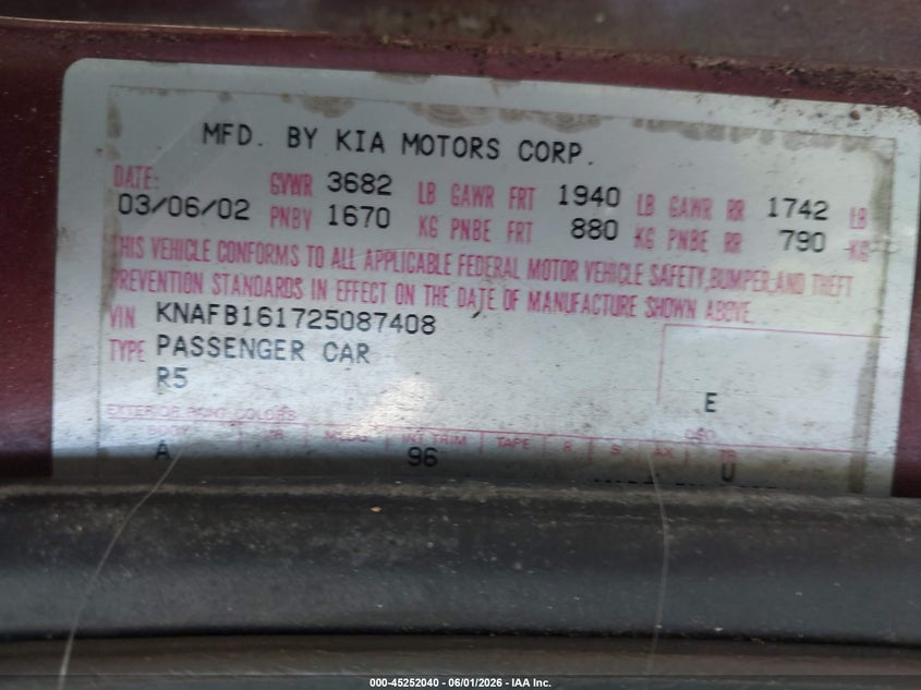 2002 Kia Spectra VIN KNAFB161725087408 IAAI salvage auction — NORMAL WEAR, Clear (Virginia), sold $225 on 2026-07-09 (photo 9)