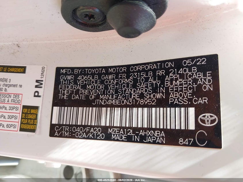 2022 Toyota Corolla VIN JTND4MBE0N3178952 IAAI salvage auction — SIDE, Salvage Title, sold $3,200 on 2026-07-25 (photo 9)
