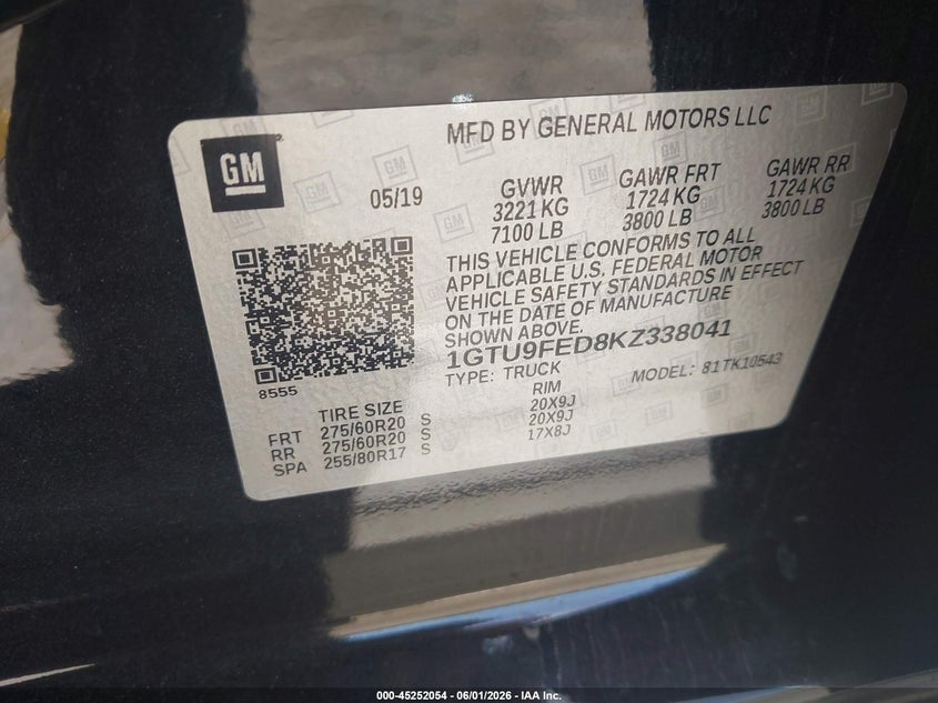 2019 Gmc VIN 1GTU9FED8KZ338041 IAAI salvage auction — FRONT END, Salvage (California), sold $7,400 on 2026-07-30 (photo 9)