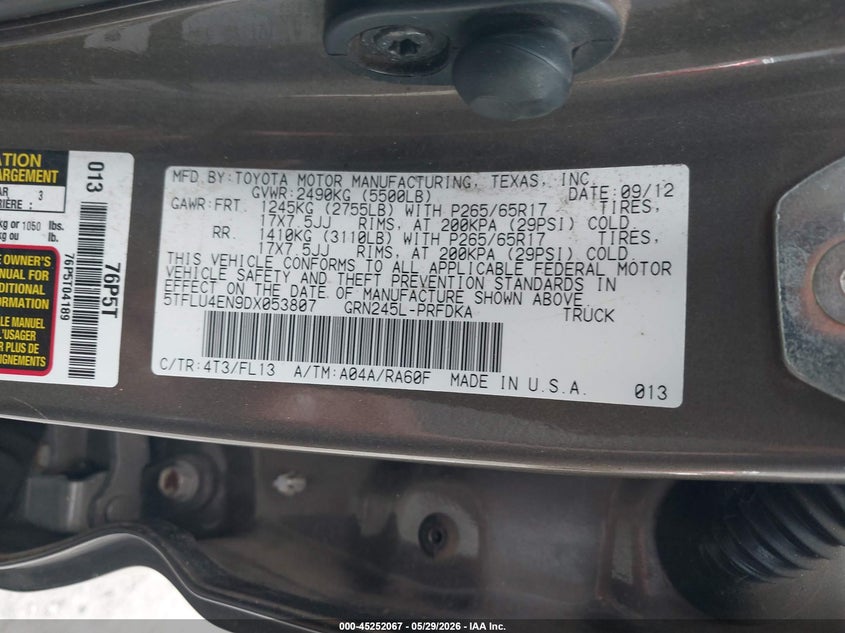 2013 Toyota Tacoma VIN 5TFLU4EN9DX053807 IAAI salvage auction — ROLLOVER, Salvage Title, sold $1,500 on 2026-07-28 (photo 9)
